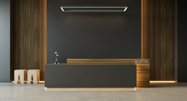 Black modern reception desk interior - 3D rendering.