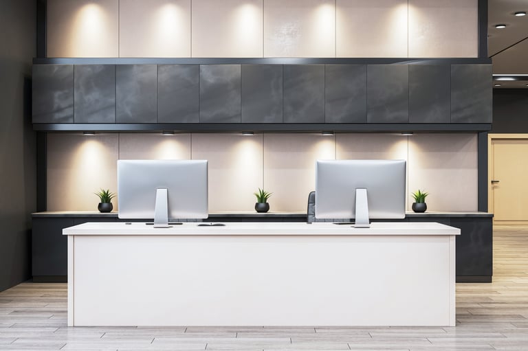 Minimalist reception desk with two computers in modern office interior, soft lights and wood flooring, concept of workspace or business entrance. 3D Rendering