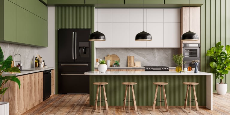 Modern kitchen with island, stools, and green cabinets — 3D rendering